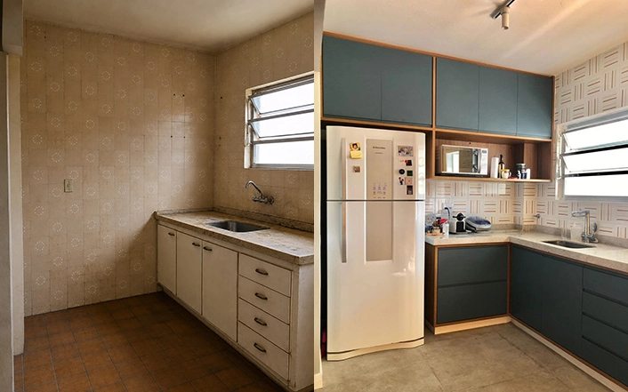 Antes e depois de reforma residencial de cozinha em São Paulo