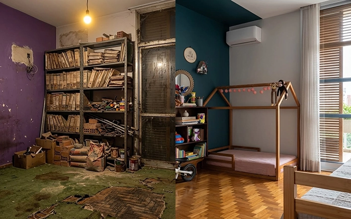 Antes e depois de reforma residencial de quarto em apartamento